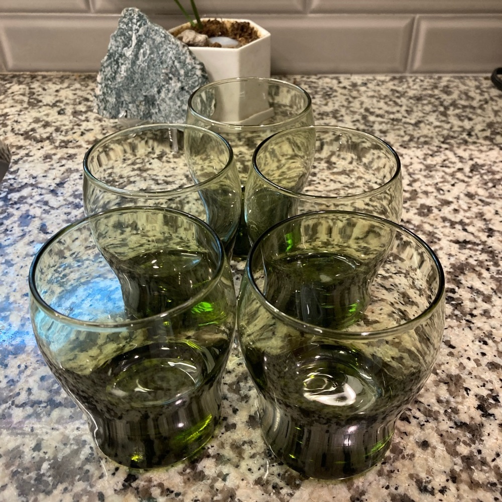 Avocado Green Mid Century Modern Rocks Wine Glasses Anchor Hocking Set 5 Rare